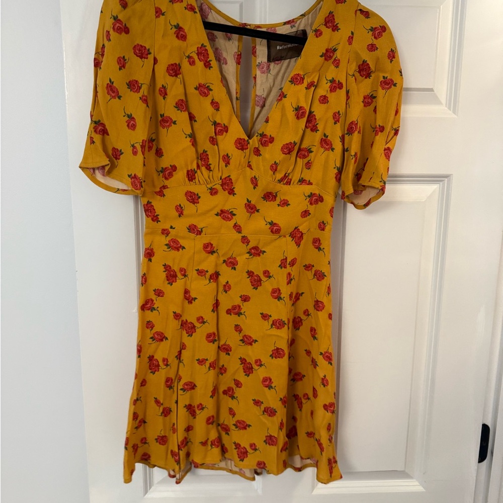 Reformation Yellow Floral V-Neck Women's Dress